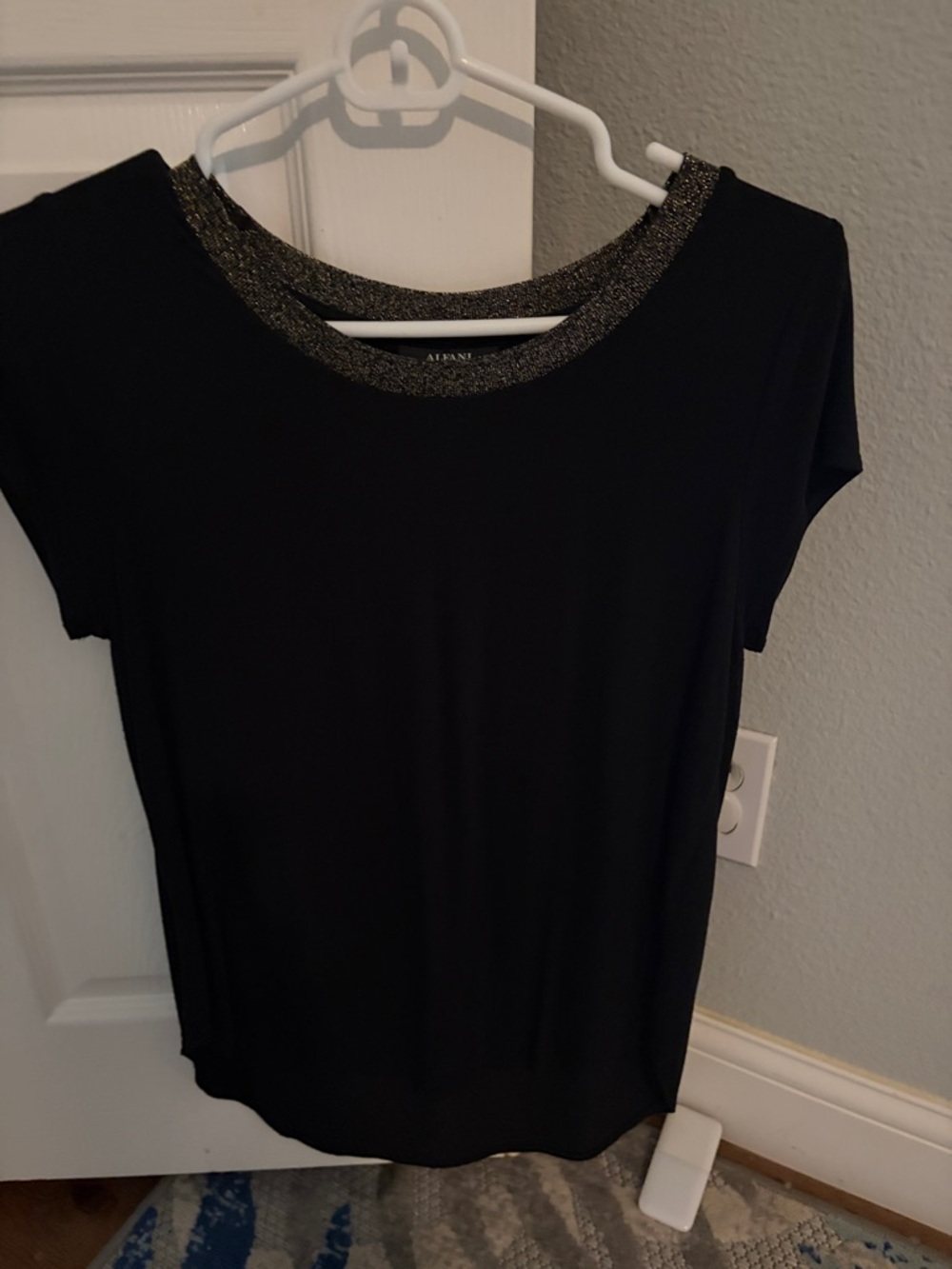 Alfani Black Short-Sleeve Tee with Metallic Gold Neck Trim